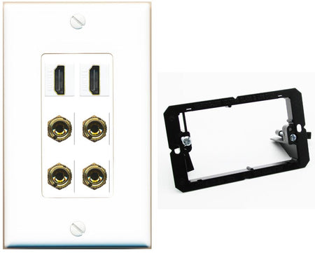 RiteAV 2 Speaker 4 Banana Binding Post Wall Plate with 2 HDMI Jacks - Bracket [White]