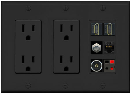 RiteAV 2 Port HDMI 1 Coax Cat6-Ethernet Toslink Speaker Wall Plate - 2 Outlet [Black/Black]