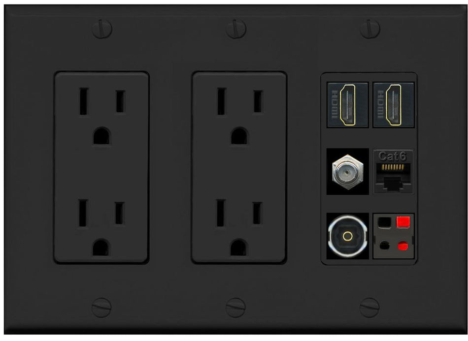 RiteAV 2 Port HDMI 1 Coax Cat6-Ethernet Toslink Speaker Wall Plate - 2 Outlet [Black/Black]