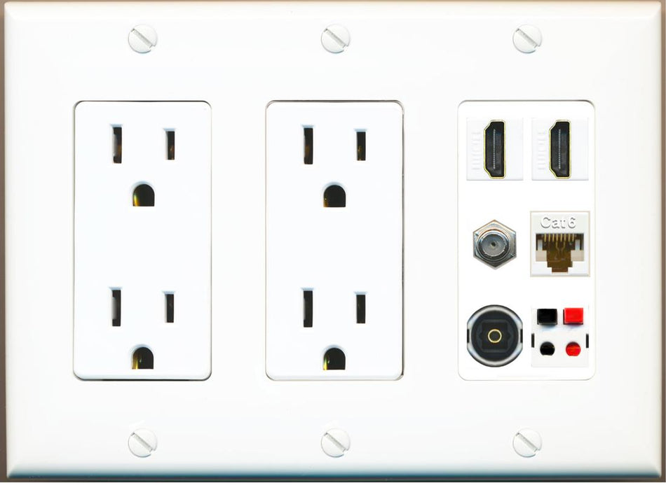RiteAV 2 Port HDMI 1 Coax Cat6-Ethernet Toslink Speaker Wall Plate - 2 Outlet [White]