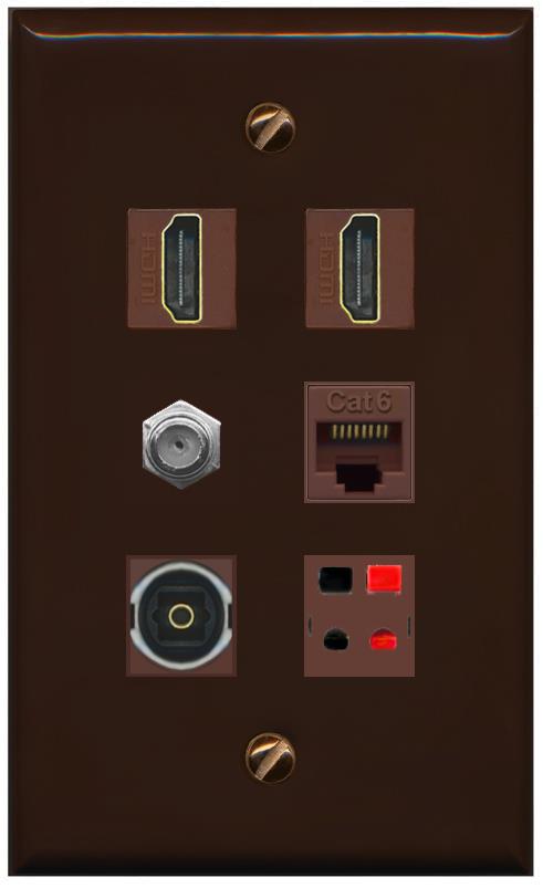 RiteAV 2 Port HDMI 1 Coax Cat6-Ethernet Toslink Speaker Wall Plate - Flat [Brown/Brown]