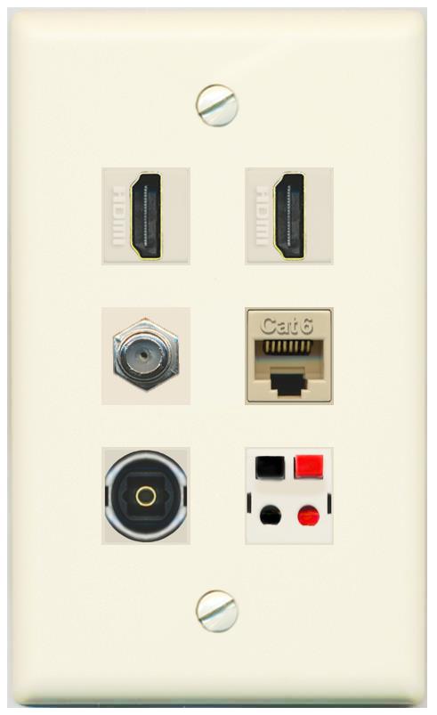 RiteAV 2 Port HDMI 1 Coax Cat6-Ethernet Toslink Speaker Wall Plate - Flat [Light-Almond]