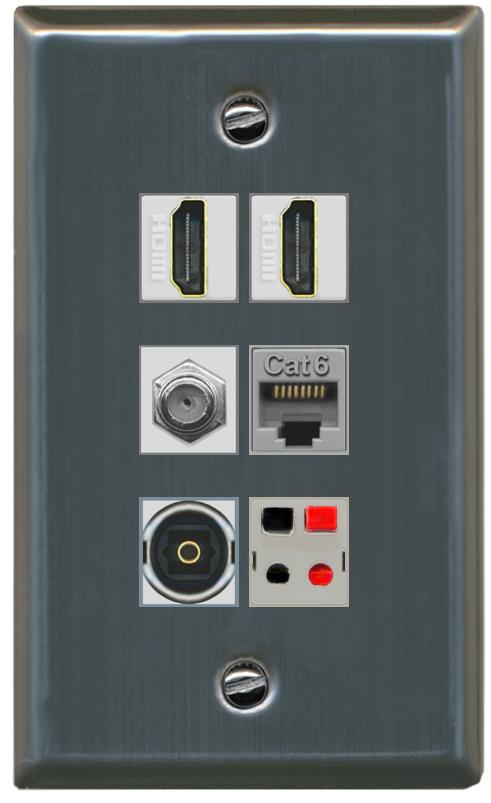 RiteAV 2 Port HDMI 1 Coax Cat6-Ethernet Toslink Speaker Wall Plate - Flat [Stainless Steel]