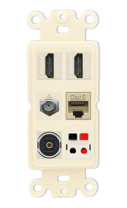 RiteAV 2 Port HDMI 1 Coax Cat6-Ethernet Toslink Speaker Wall Plate - Rocker [Light-Almond]