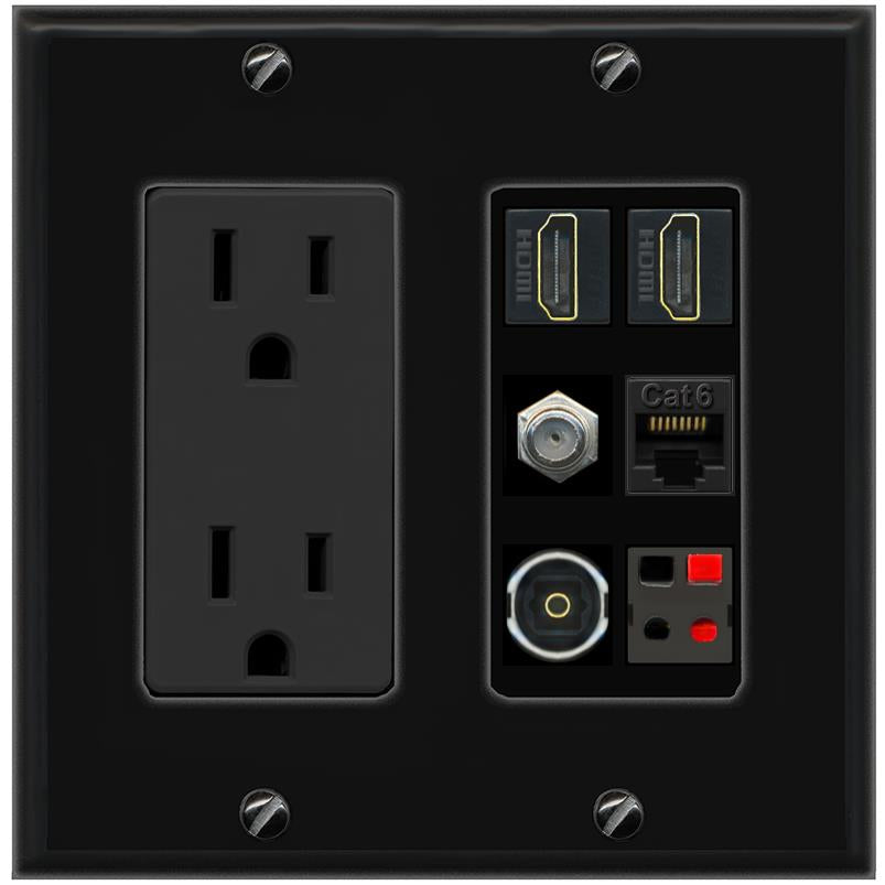 RiteAV 2 Port HDMI 1 Coax Cat6-Ethernet Toslink Speaker Wall Plate - Outlet [Black/Black]