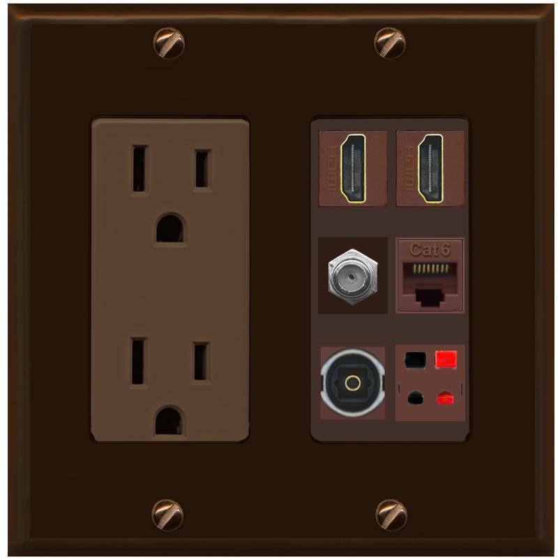 RiteAV 2 Port HDMI 1 Coax Cat6-Ethernet Toslink Speaker Wall Plate - Outlet [Brown/Brown]