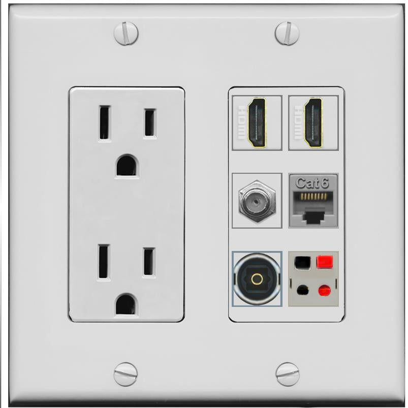 RiteAV 2 Port HDMI 1 Coax Cat6-Ethernet Toslink Speaker Wall Plate - Outlet [Gray/Gray]