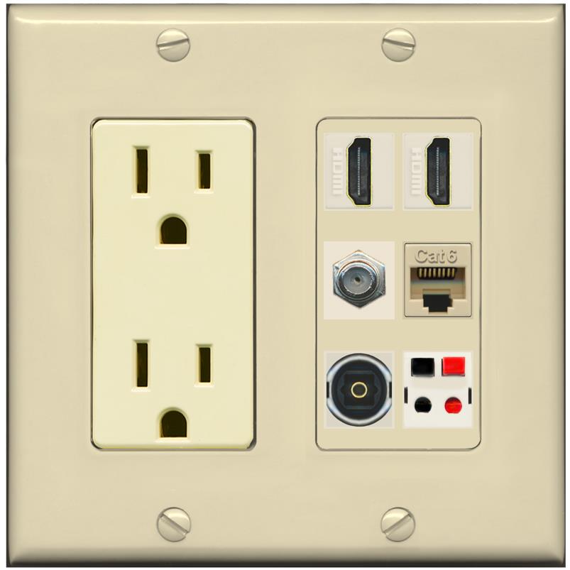 RiteAV 2 Port HDMI 1 Coax Cat6-Ethernet Toslink Speaker Wall Plate - Outlet [Ivory/Ivory]
