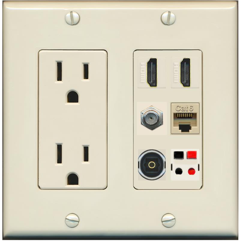 RiteAV 2 Port HDMI 1 Coax Cat6-Ethernet Toslink Speaker Wall Plate - Outlet [Light-Almond]