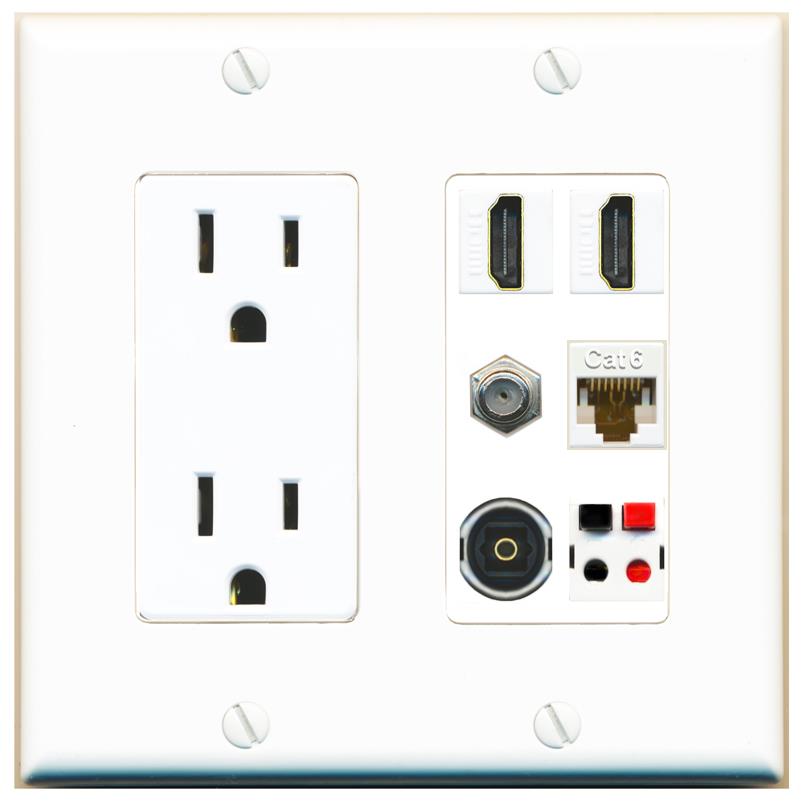 RiteAV 2 Port HDMI 1 Coax Cat6-Ethernet Toslink Speaker Wall Plate - Outlet [White]