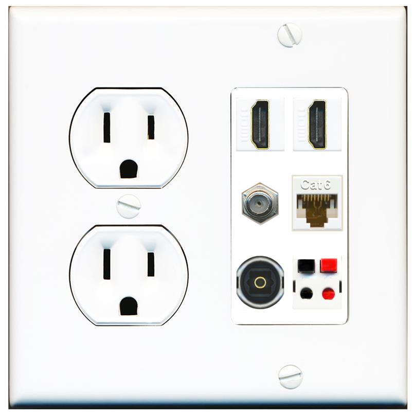 RiteAV 2 Port HDMI 1 Coax Cat6-Ethernet Toslink Speaker Wall Plate - Round Outlet [White]