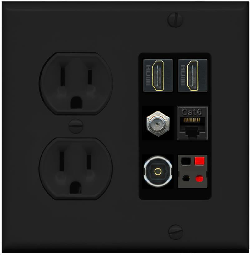 RiteAV 2 Port HDMI 1 Coax Cat6-Ethernet Toslink Speaker Wall Plate - Round Outlet [Black/Black]