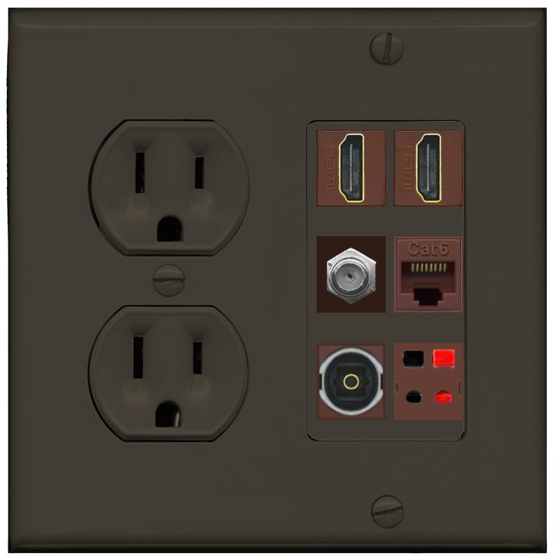 RiteAV 2 Port HDMI 1 Coax Cat6-Ethernet Toslink Speaker Wall Plate - Round Outlet [Brown/Brown]
