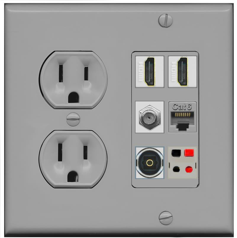 RiteAV 2 Port HDMI 1 Coax Cat6-Ethernet Toslink Speaker Wall Plate - Round Outlet [Gray/Gray]