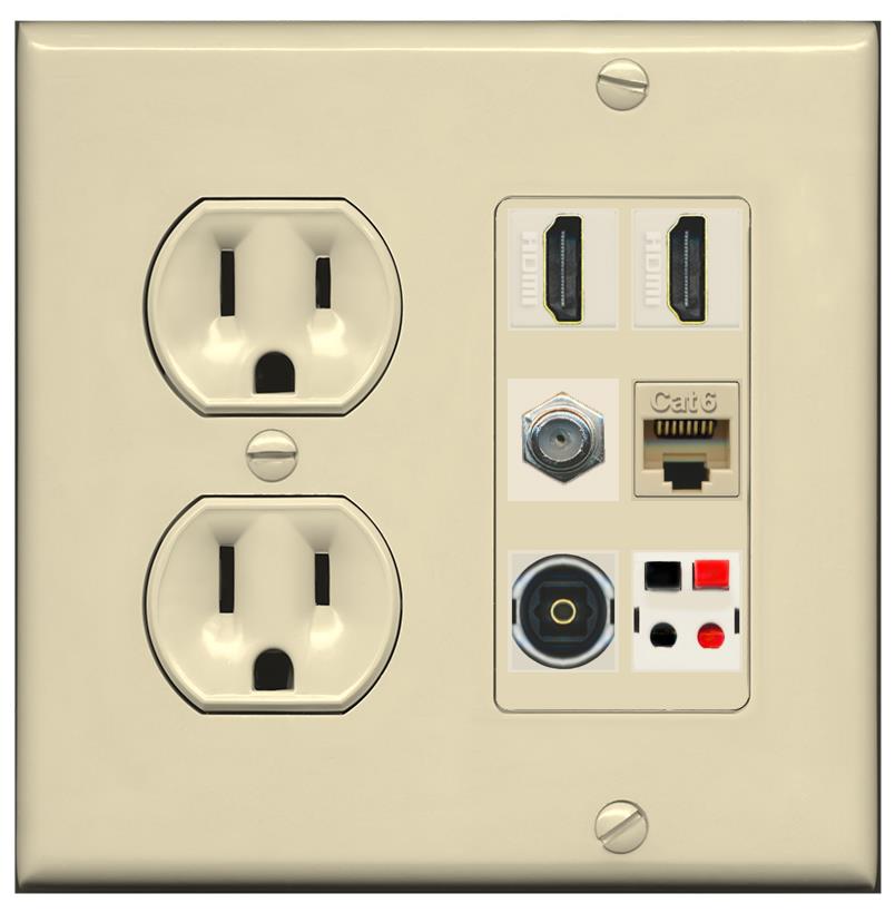 RiteAV 2 Port HDMI 1 Coax Cat6-Ethernet Toslink Speaker Wall Plate - Round Outlet [Ivory/Ivory]