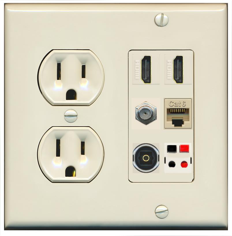 RiteAV 2 Port HDMI 1 Coax Cat6-Ethernet Toslink Speaker Wall Plate - Round Outlet [Light-Almond]