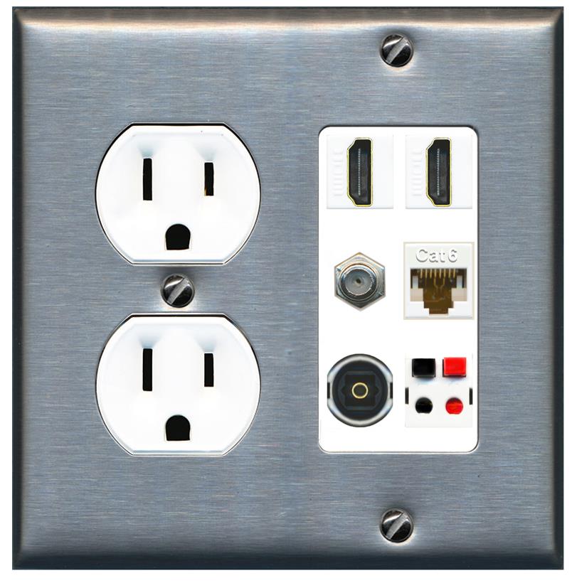 RiteAV 2 Port HDMI 1 Coax Cat6-Ethernet Toslink Speaker Wall Plate - Round Outlet [Stainless/White]