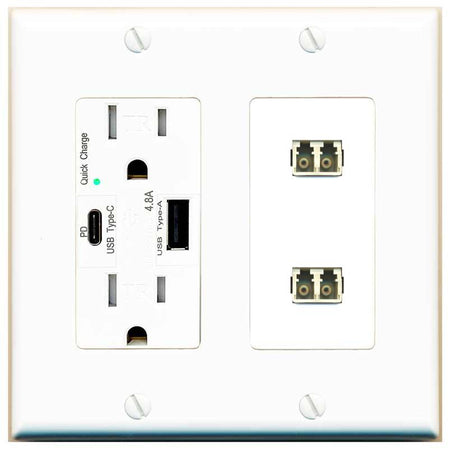 RiteAV 2 Port LC Fiber Optic Multimode Duplex Wall Plate - USB AC Charger [White]