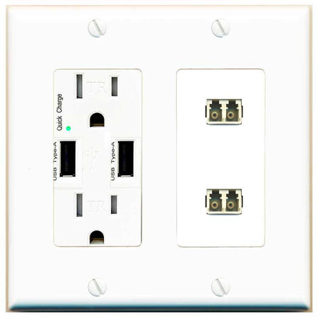 RiteAV 2 Port LC Fiber Optic Multimode Duplex Wall Plate - USB Charger [White]