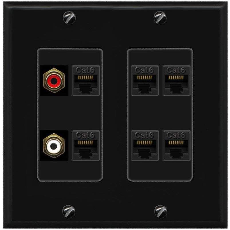 RiteAV 2 RCA 6 Cat6 RJ45 Ethernet Wall Plate - 2 Gang [Black/Black]