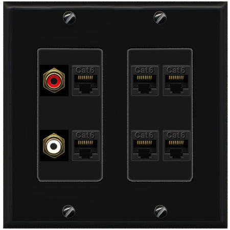 RiteAV 2 RCA 6 Cat6 RJ45 Ethernet Wall Plate - 2 Gang [Black/Black]