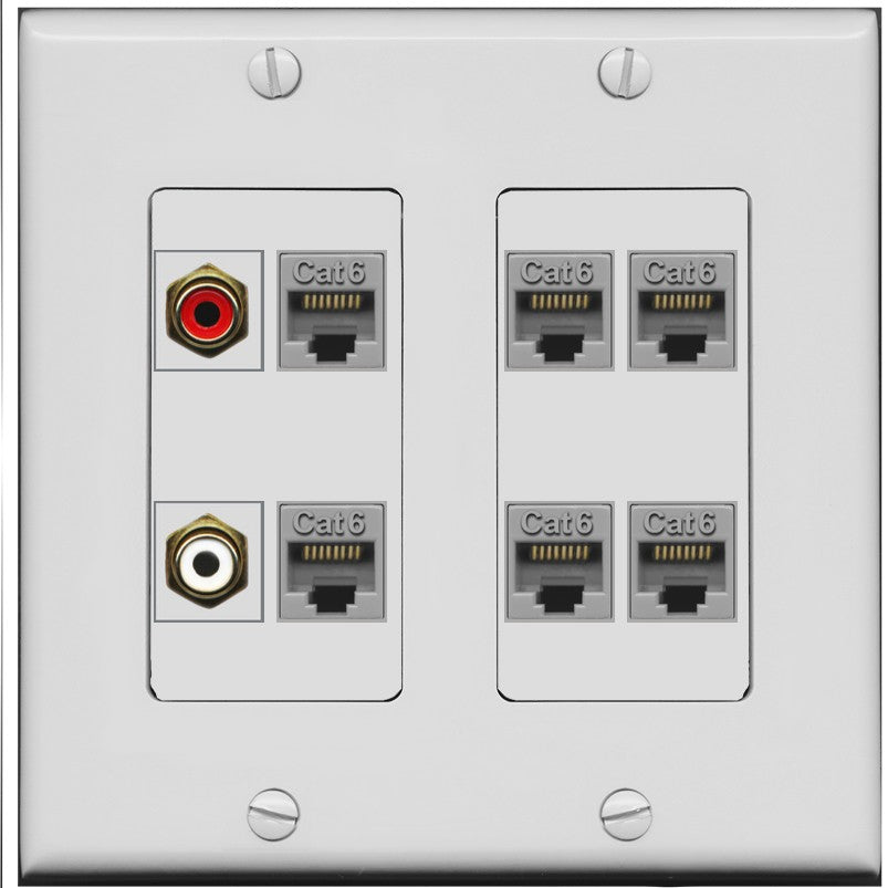 RiteAV 2 RCA 6 Cat6 RJ45 Ethernet Wall Plate - 2 Gang [Gray/Gray]