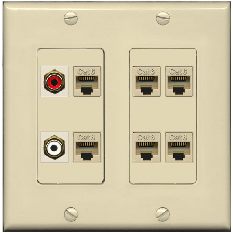RiteAV 2 RCA 6 Cat6 RJ45 Ethernet Wall Plate - 2 Gang [Ivory/Ivory]