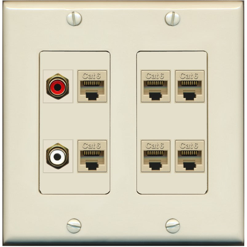 RiteAV 2 RCA 6 Cat6 RJ45 Ethernet Wall Plate - 2 Gang [Light-Almond]