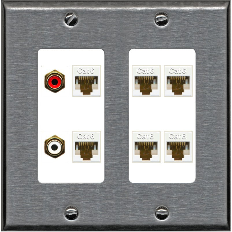 RiteAV 2 RCA 6 Cat6 RJ45 Ethernet Wall Plate - 2 Gang [Stainless/White]