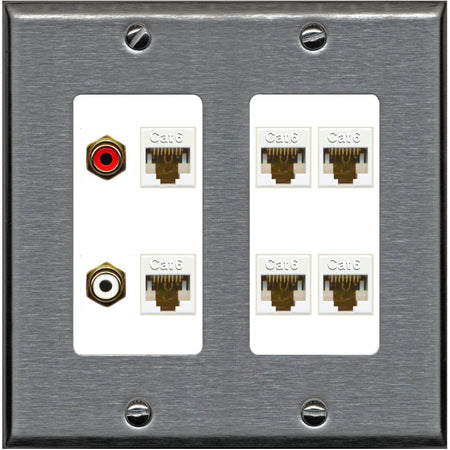 RiteAV 2 RCA 6 Cat6 RJ45 Ethernet Wall Plate - 2 Gang [Stainless/White]