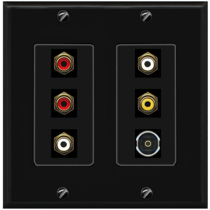 RiteAV 5 RCA (2 Red, 2 White, 1 Yellow) Toslink Wall Plate - 2 Gang [Black/Black]
