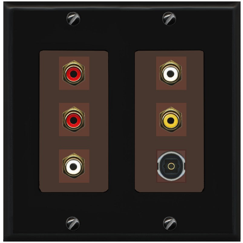 RiteAV 5 RCA (2 Red, 2 White, 1 Yellow) Toslink Wall Plate - 2 Gang [Black/Brown]