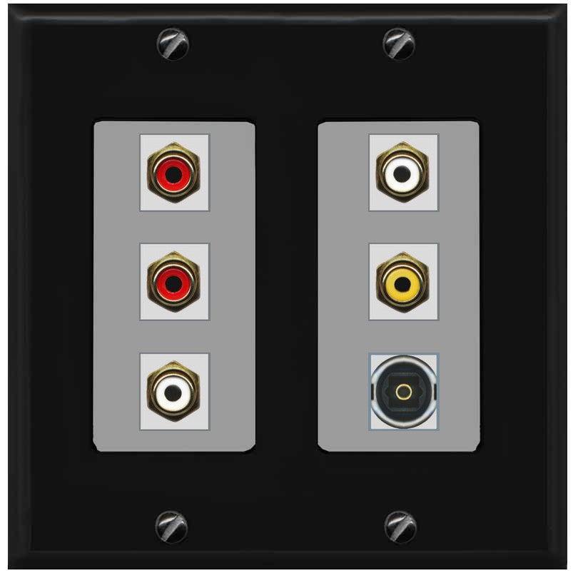 RiteAV 5 RCA (2 Red, 2 White, 1 Yellow) Toslink Wall Plate - 2 Gang [Black/Gray]