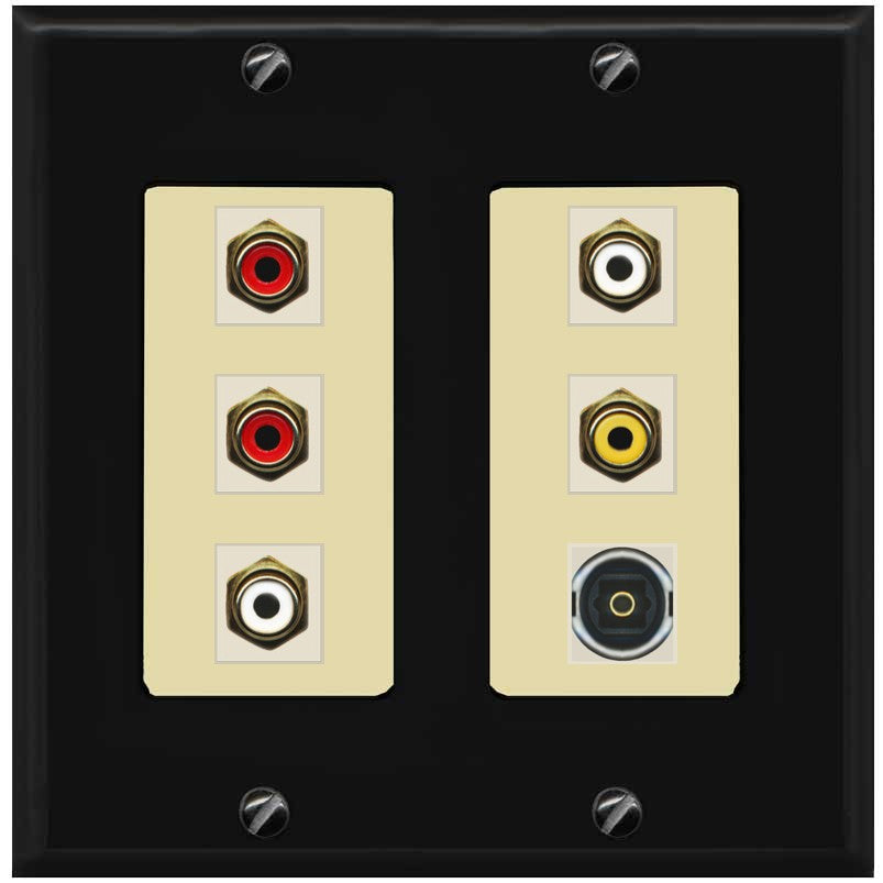 RiteAV 5 RCA (2 Red, 2 White, 1 Yellow) Toslink Wall Plate - 2 Gang [Black/Ivory]