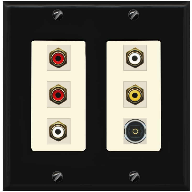 RiteAV 5 RCA (2 Red, 2 White, 1 Yellow) Toslink Wall Plate - 2 Gang [Black/Light-Almond]