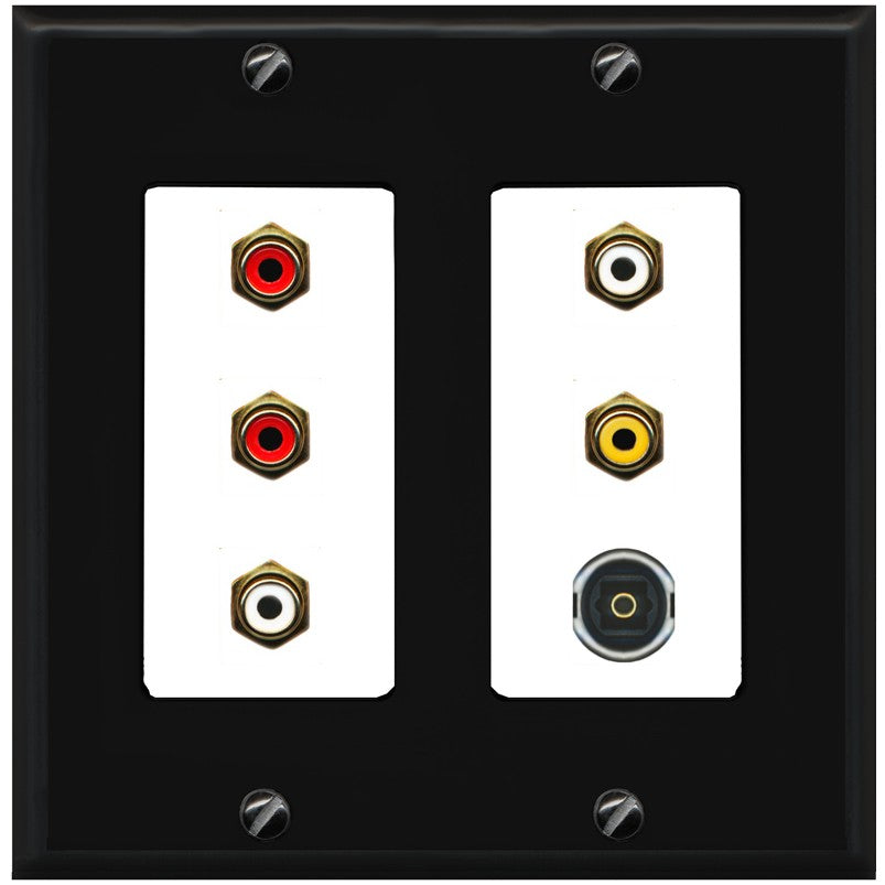 RiteAV 5 RCA (2 Red, 2 White, 1 Yellow) Toslink Wall Plate - 2 Gang [Black/White]