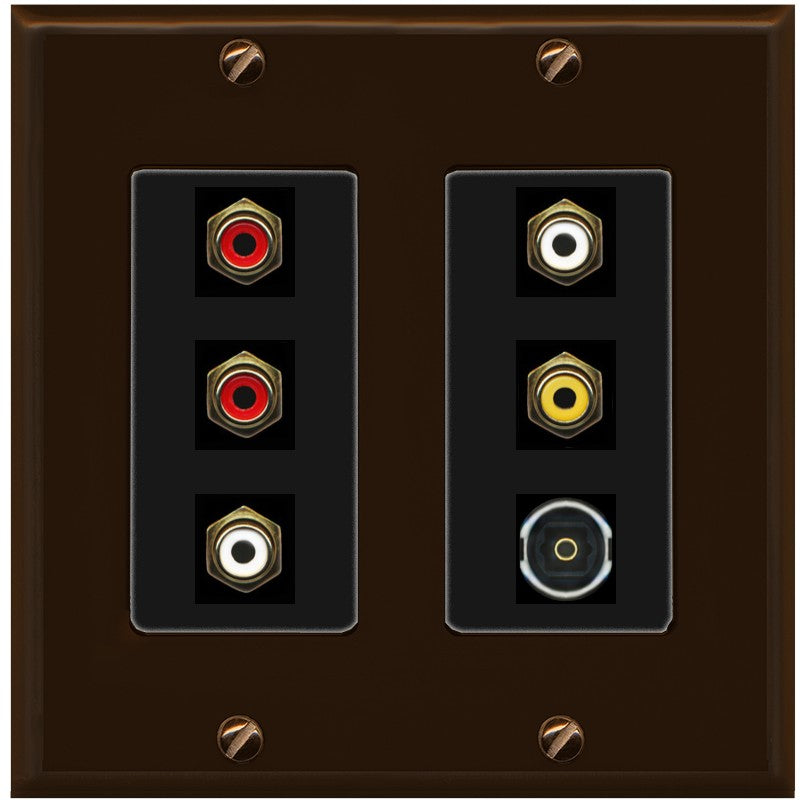 RiteAV 5 RCA (2 Red, 2 White, 1 Yellow) Toslink Wall Plate - 2 Gang [Brown/Black]