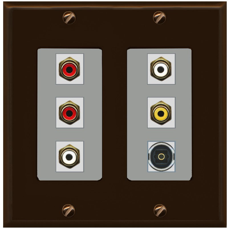 RiteAV 5 RCA (2 Red, 2 White, 1 Yellow) Toslink Wall Plate - 2 Gang [Brown/Gray]