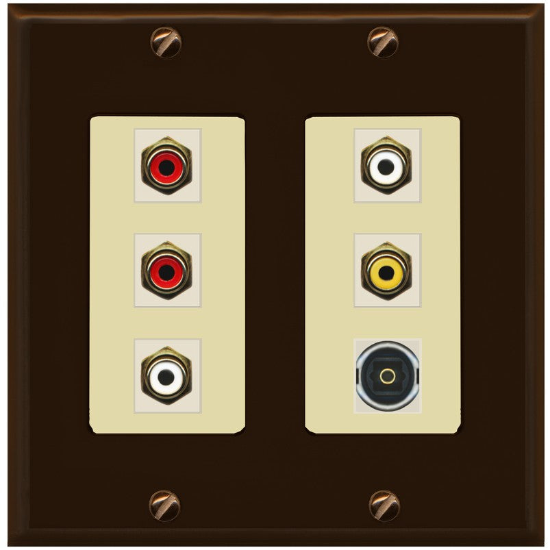 RiteAV 5 RCA (2 Red, 2 White, 1 Yellow) Toslink Wall Plate - 2 Gang [Brown/Ivory]