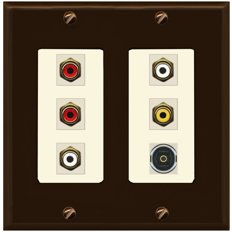 RiteAV 5 RCA (2 Red, 2 White, 1 Yellow) Toslink Wall Plate - 2 Gang [Brown/Light-Almond]