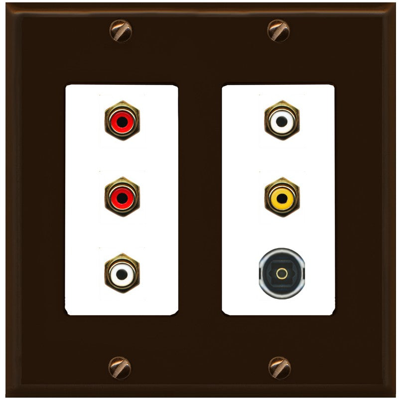 RiteAV 5 RCA (2 Red, 2 White, 1 Yellow) Toslink Wall Plate - 2 Gang [Brown/White]