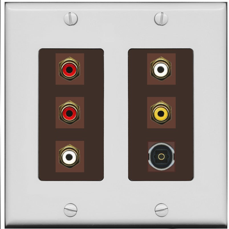 RiteAV 5 RCA (2 Red, 2 White, 1 Yellow) Toslink Wall Plate - 2 Gang [Gray/Brown]
