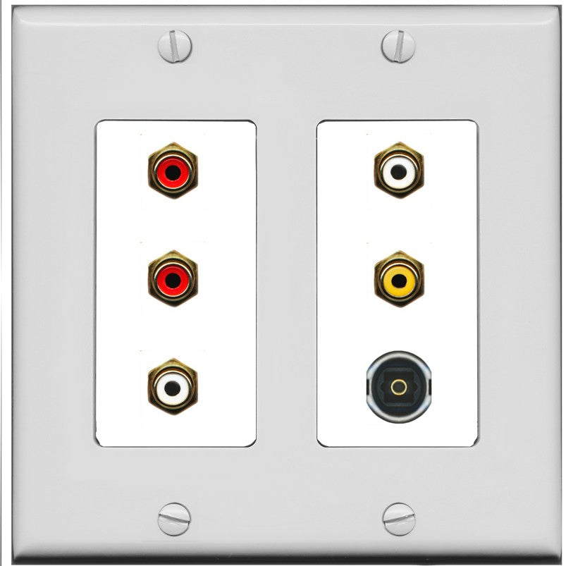 RiteAV 5 RCA (2 Red, 2 White, 1 Yellow) Toslink Wall Plate - 2 Gang [Gray/White]
