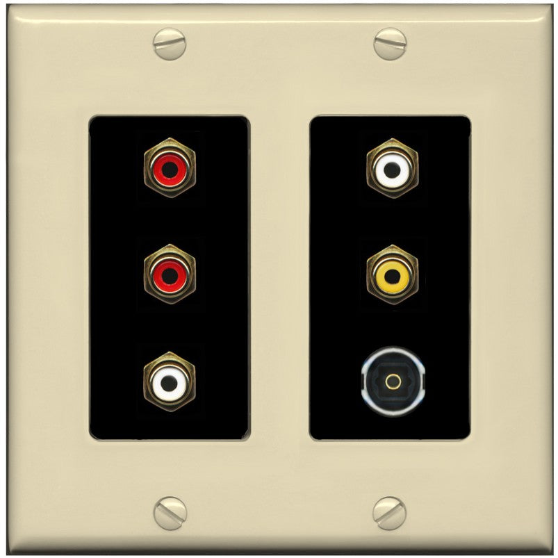 RiteAV 5 RCA (2 Red, 2 White, 1 Yellow) Toslink Wall Plate - 2 Gang [Ivory/Black]