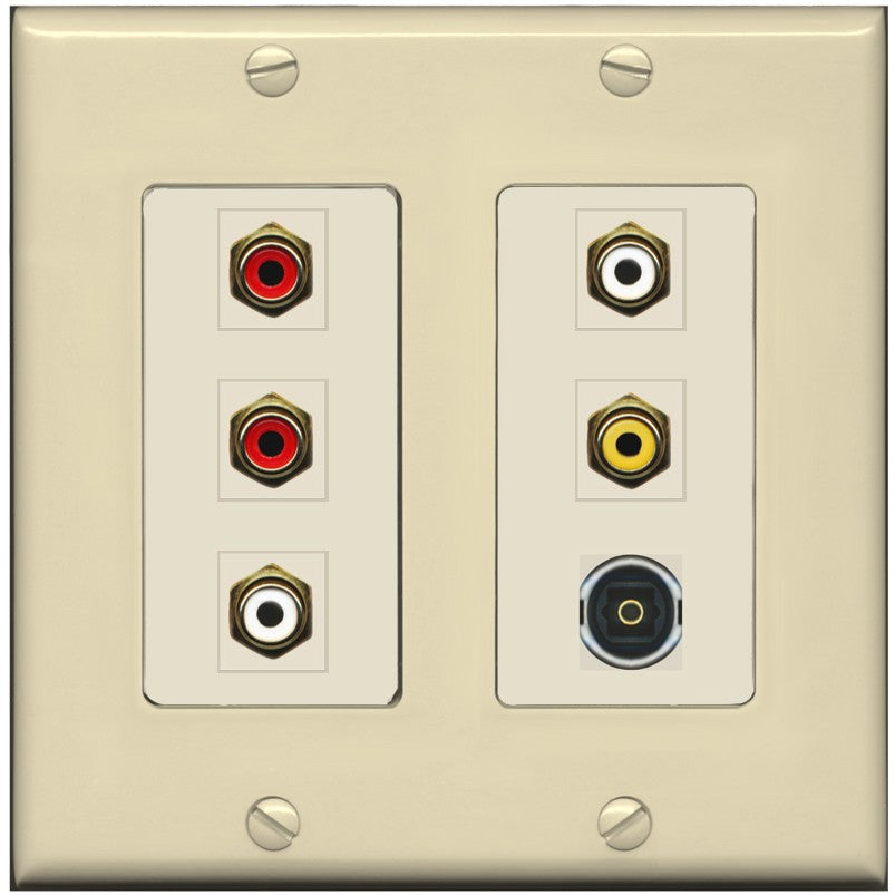 RiteAV 5 RCA (2 Red, 2 White, 1 Yellow) Toslink Wall Plate - 2 Gang [Ivory/Light-Almond]