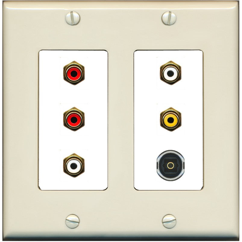 RiteAV 5 RCA (2 Red, 2 White, 1 Yellow) Toslink Wall Plate - 2 Gang [Light-Almond/White]