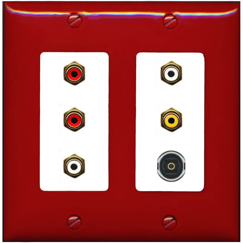 RiteAV 5 RCA (2 Red, 2 White, 1 Yellow) Toslink Wall Plate - 2 Gang [Red/White]