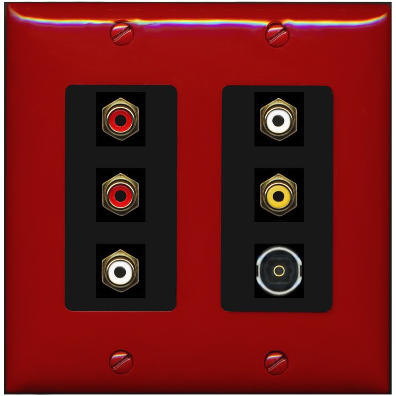 RiteAV 5 RCA (2 Red, 2 White, 1 Yellow) Toslink Wall Plate - 2 Gang [Red/Black]