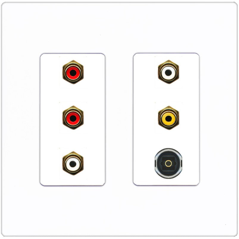 RiteAV 5 RCA (2 Red, 2 White, 1 Yellow) Toslink Wall Plate - 2 Gang [Screwless White]