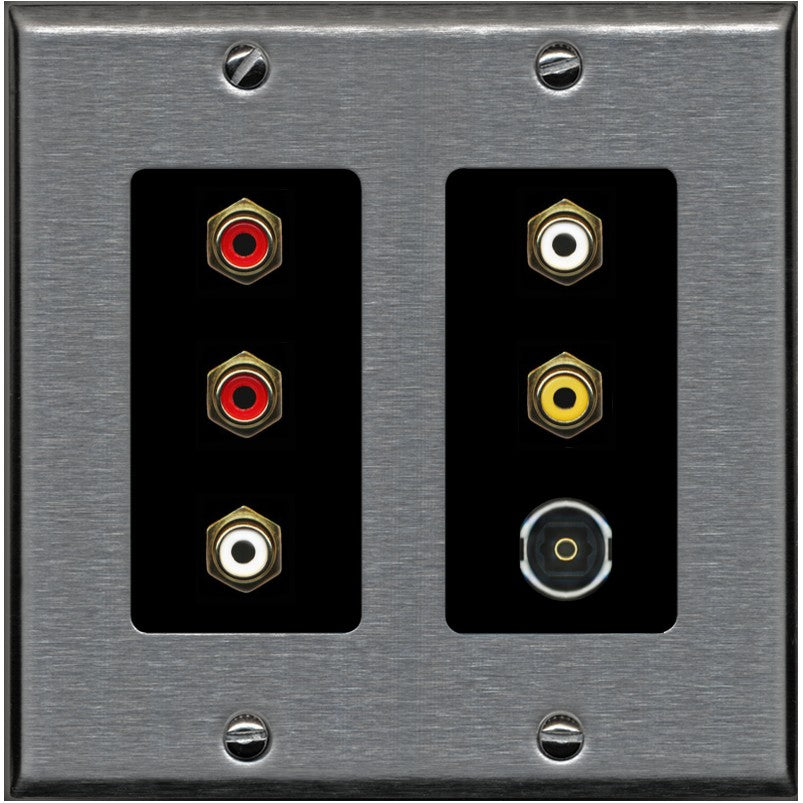 RiteAV 5 RCA (2 Red, 2 White, 1 Yellow) Toslink Wall Plate - 2 Gang [Stainless/Black]